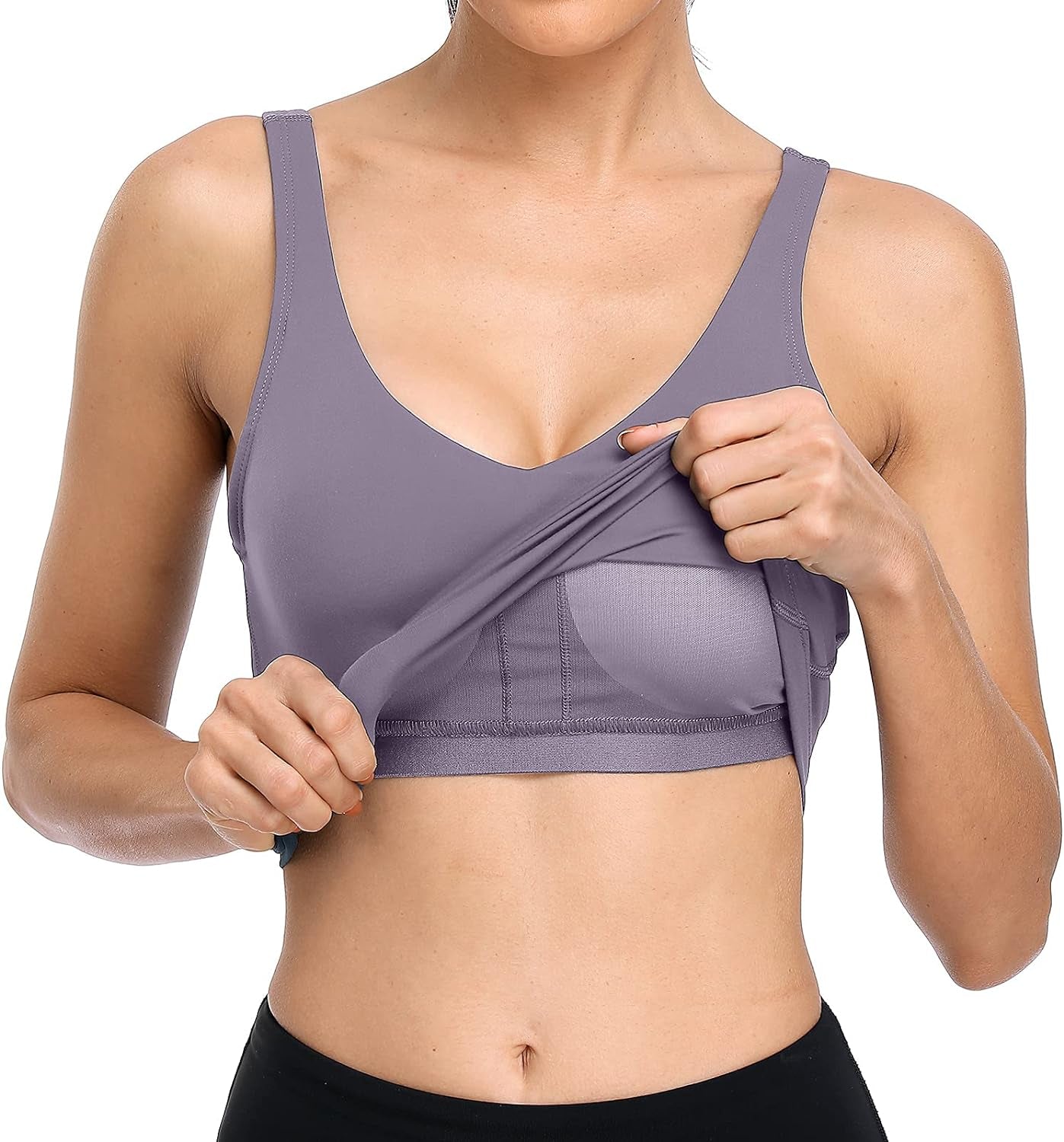 Built in Bra Workout Tops for Women Padded Sports Bra Yoga Tank Medium Support Purple