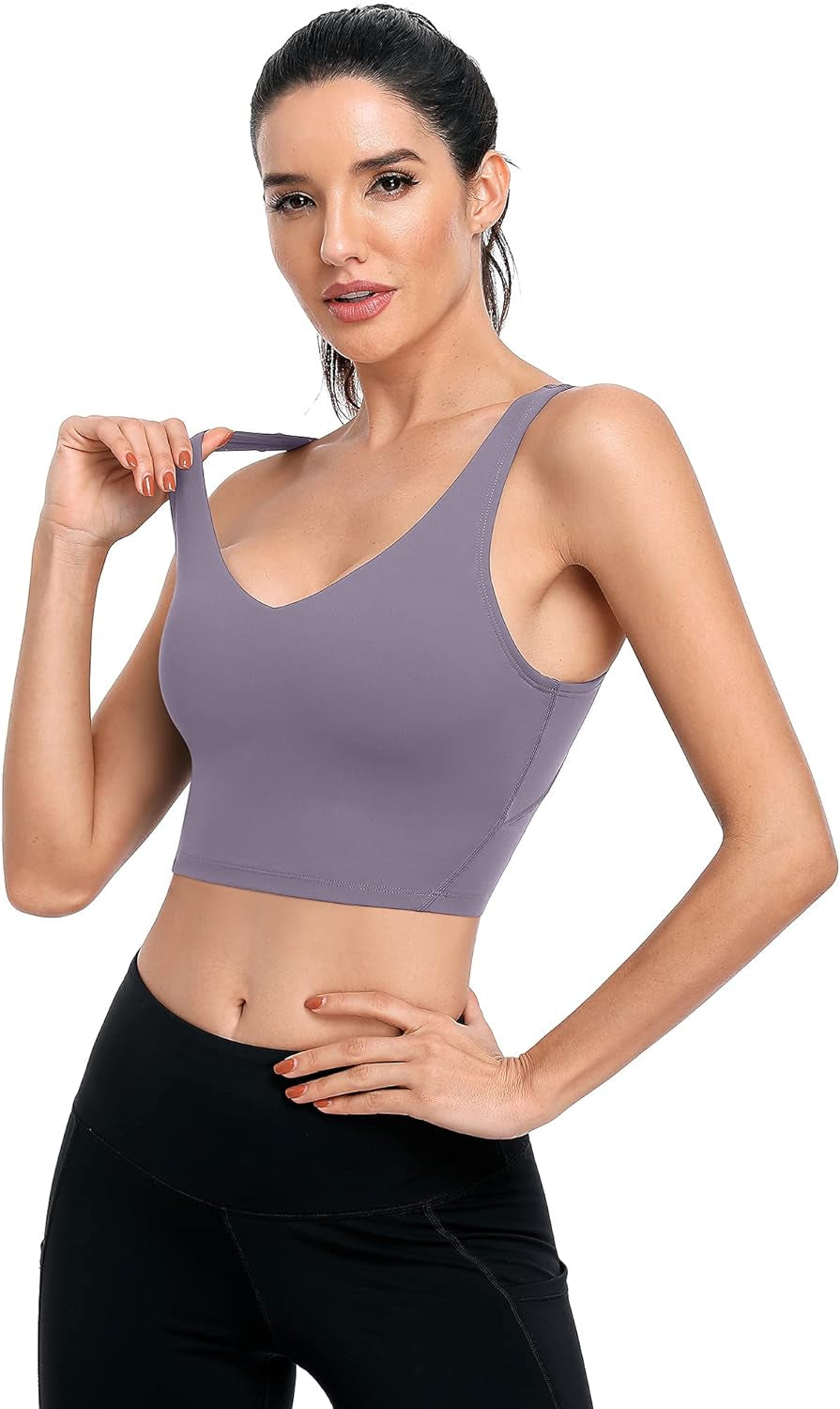 Built in Bra Workout Tops for Women Padded Sports Bra Yoga Tank Medium Support Purple